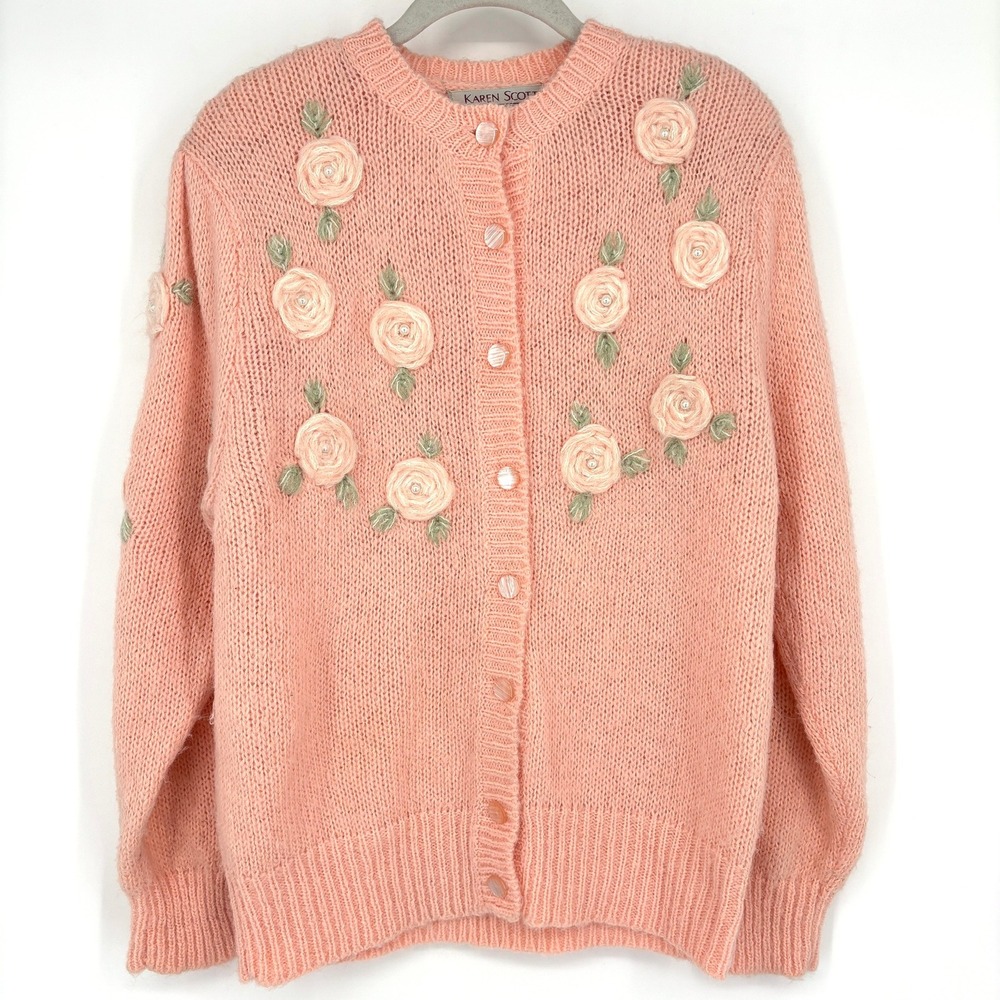 Vintage Grandma‎ Cardigan Peach Textured Knit Pearls Floral Embroidered Sz M